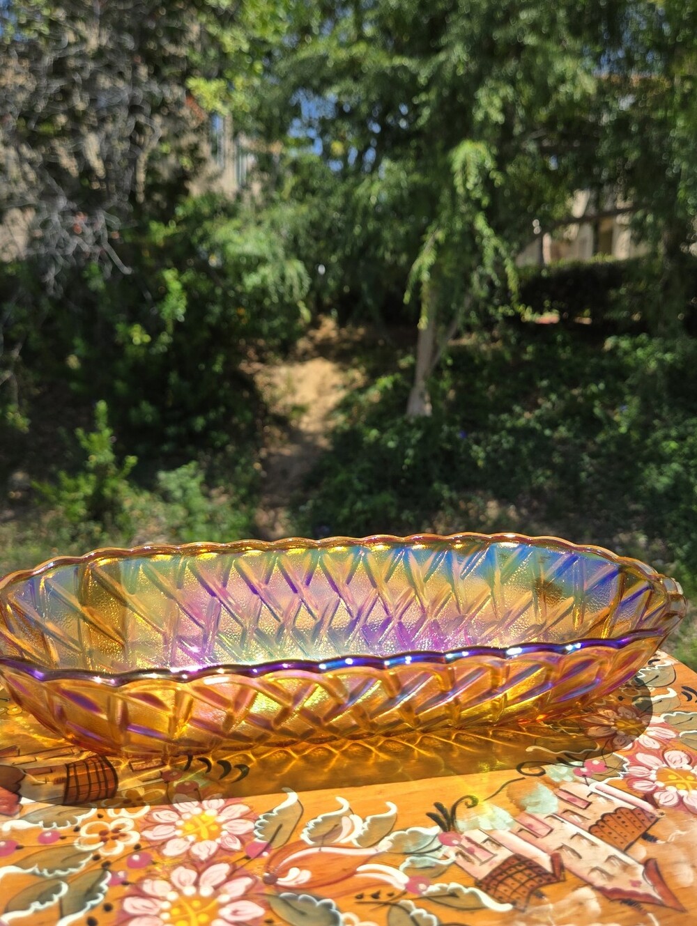 Vintage INDIANA Glass‎ Amber Marigold Oblong Basket Weave Pattern Relish Dish